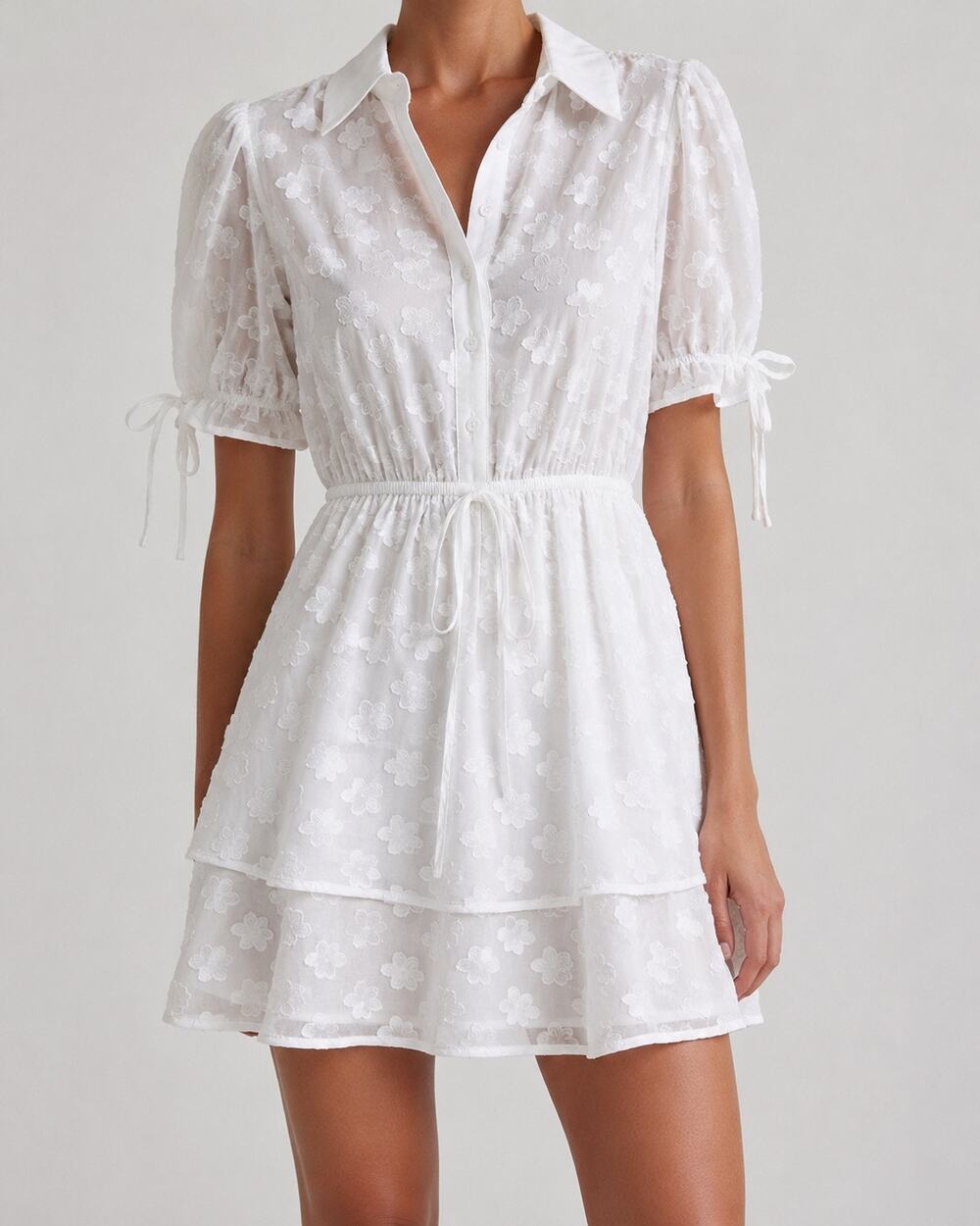 Allegra K Small White Polyester Floral Appliqué Tiered Tie Waist Shirt Dress